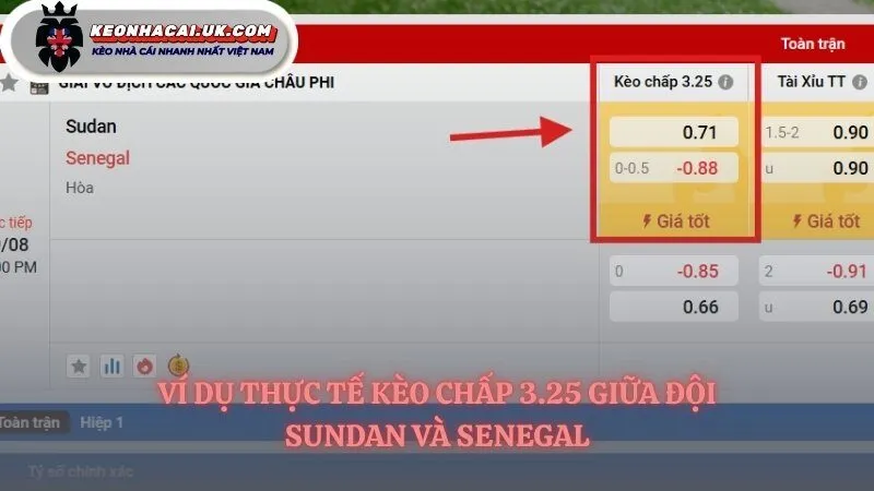 Ví dụ minh họa về kèo chấp 3.25